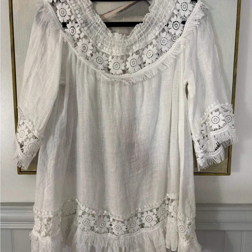 SCANDAL ITALY Blouse Top Linen Embroidered Lace Gauzy Boho Summer White NWT SM - Picture 6 of 6